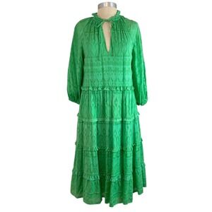Alice + Olivia Layla Midi Dress Small Silk Blend Tiered Green Ruffle Boho Resort